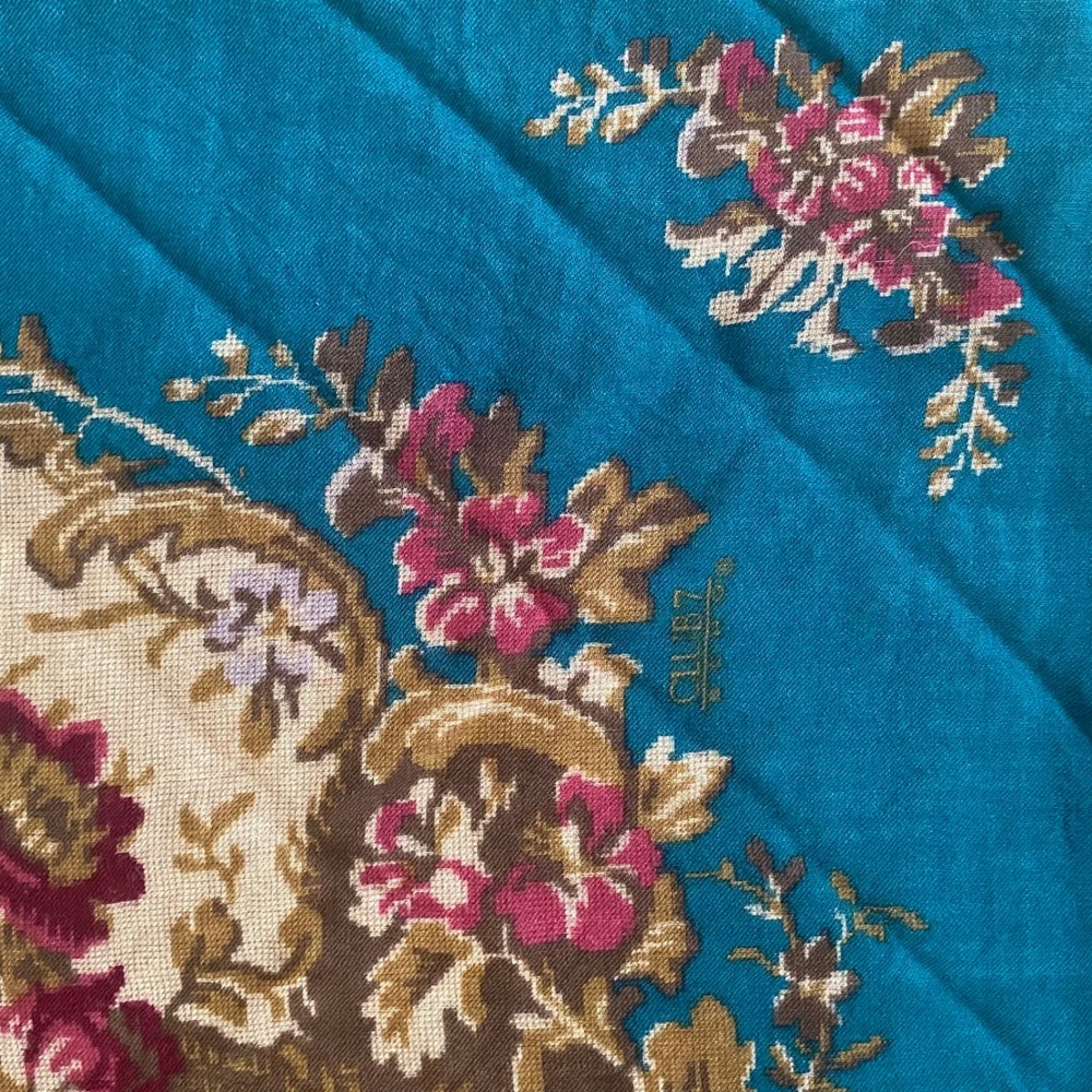 Vintage Glentex Teal Floral Tapestry Square Scarf Fringed Edge Victorian Style - Picture 11 of 13